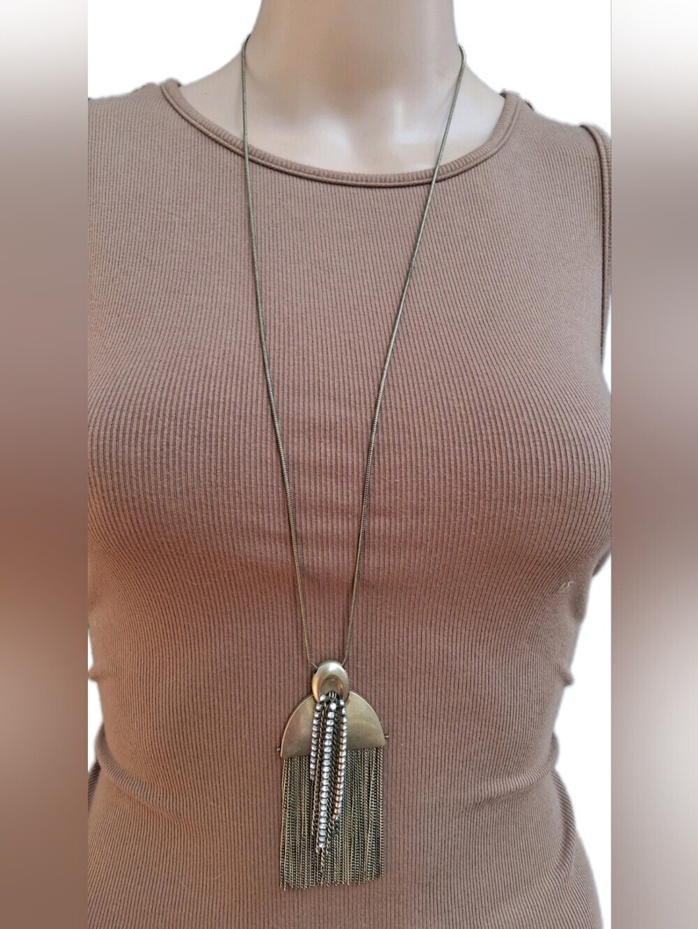 Banana Republic Brass Tone Fringe Tassel Rhinestone Long Pendant Necklace